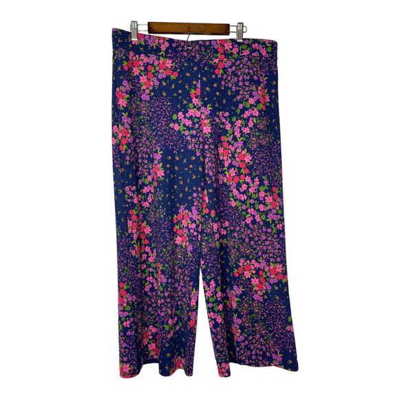 Isaac Mizrahi Live women's large pants wide legged leg pull on blue pink flora - Picture 1 of 16